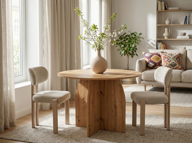 Stół okrągły dąb artisan 100 cm w nowoczesnej aranżacji salonu loft