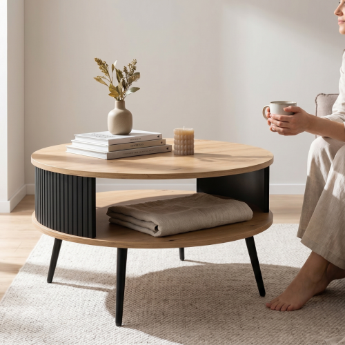 Stolik kawowy okrągły styl skandynawski dębowy blat.png