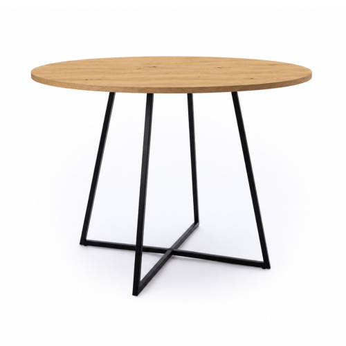 Okrągły stół jadalniany w kolorze dąb artisan na czarnym metalowym stelażu.png