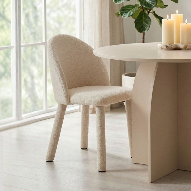 Krzesło Kawaī Bouclé biel w salonie japandi – Nash Design
