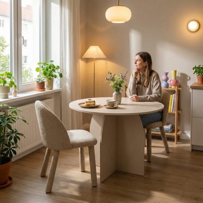 Krzesło Kawaī Bouclé khaki wizualizacja salonu – Nash Design